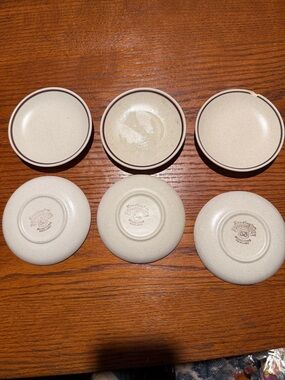 6 Vintage Staffordshire Ironstone Butter Pats with Brown Rim